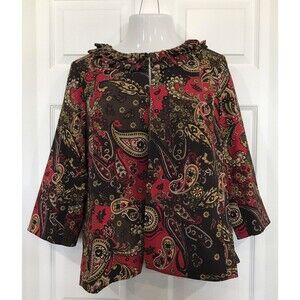 Ivy Chic Brown Autumn  Open Front Fancy Collar Paisley Print Jacket Plus Size 1X